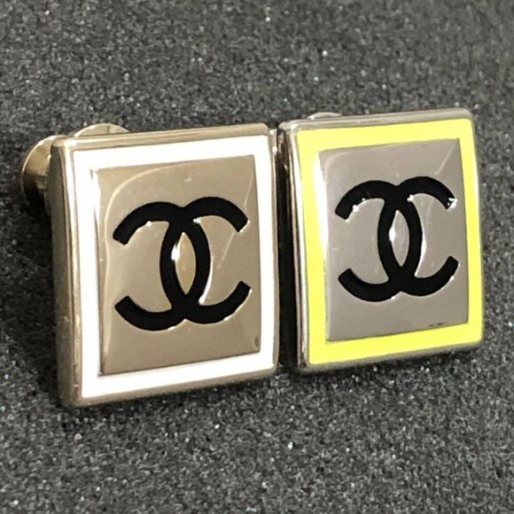 CHANEL Black CC Logos Square White Yellow Earrings Gold Tone B21B Auth D-c1139 - Picture 1 of 10